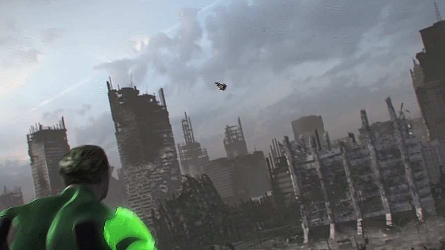 green lantern overlooking destroyed city