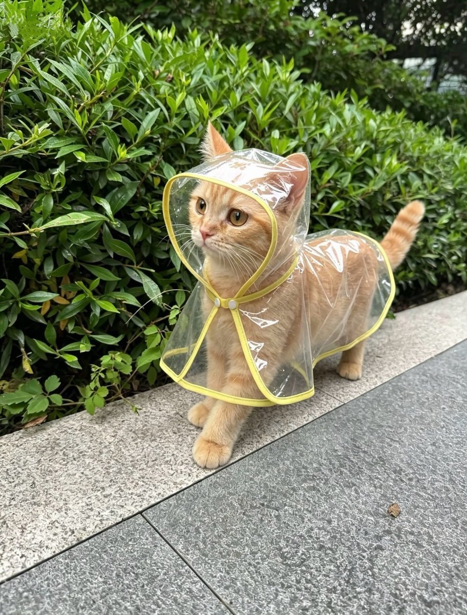 Ginger cat in clear raincoat