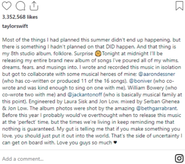 Taylor Swift Folklore announcement anniversary (photo 2 of 2)