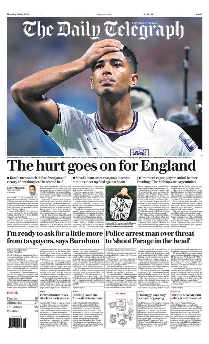 Daily Telegraph front page England World Cup 2026
