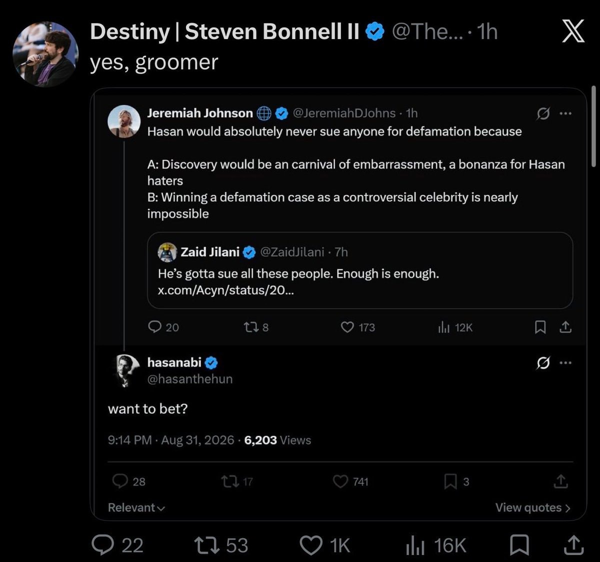Destiny challenges Hasan to sue