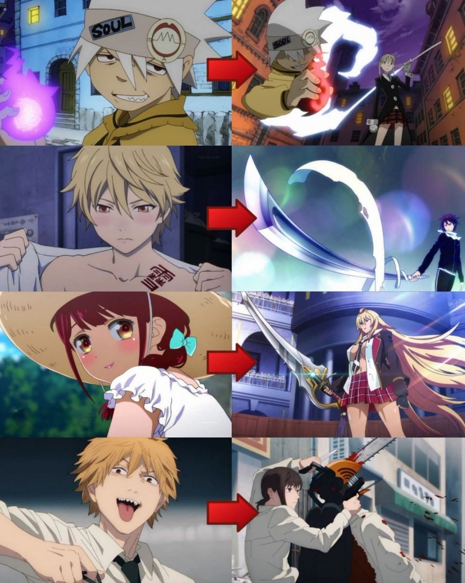 anime characters transforming into weapons