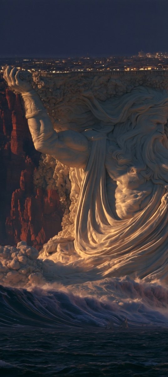 statue holding cliff face