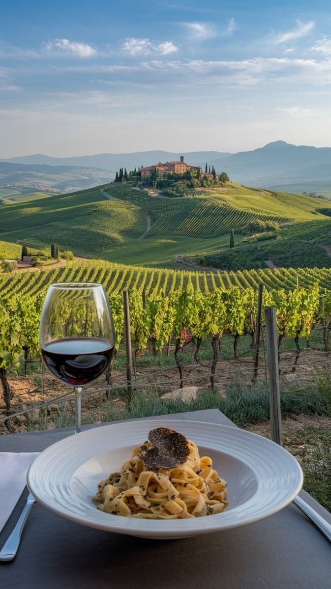 Tuscany pasta with truffles and wine