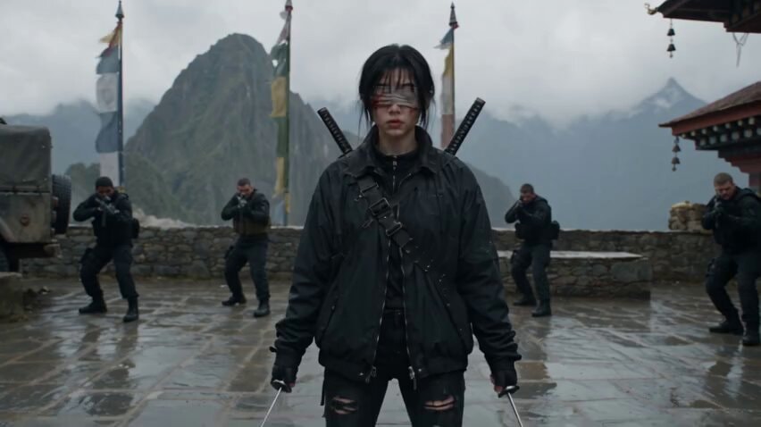 Blindfolded sword fight scene