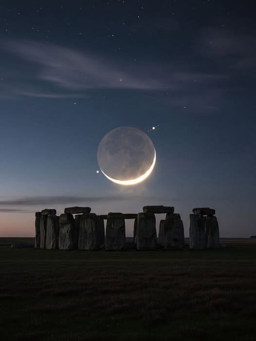 crescent Moon Venus Jupiter over Stonehenge