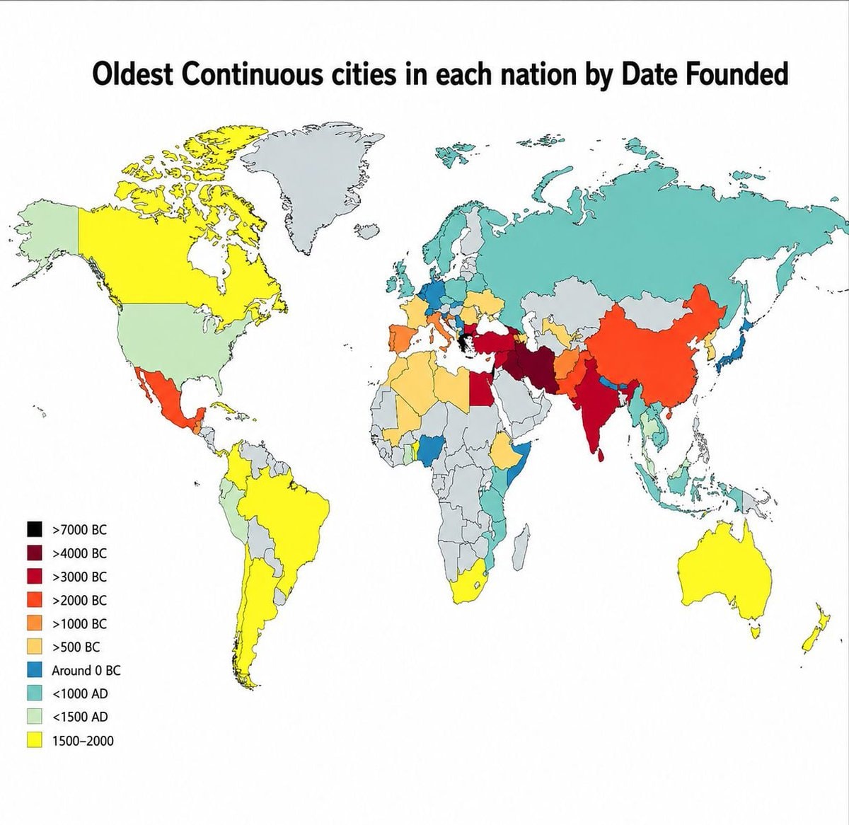 Oldest Continuous Cities in Each Nation by Date Founded