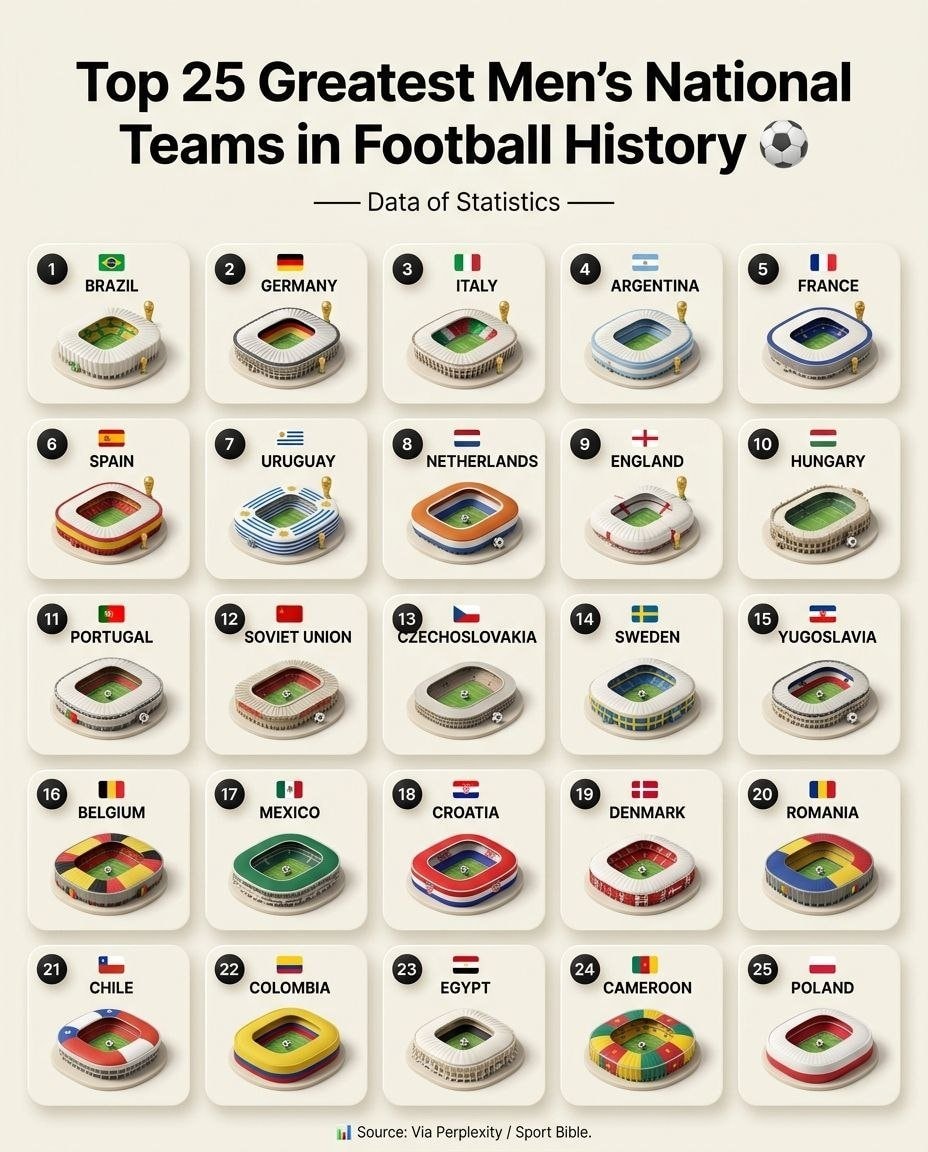 Top 25 Greatest Men's National Teams in Football History ⚽