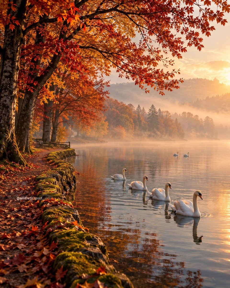 swans on misty lake