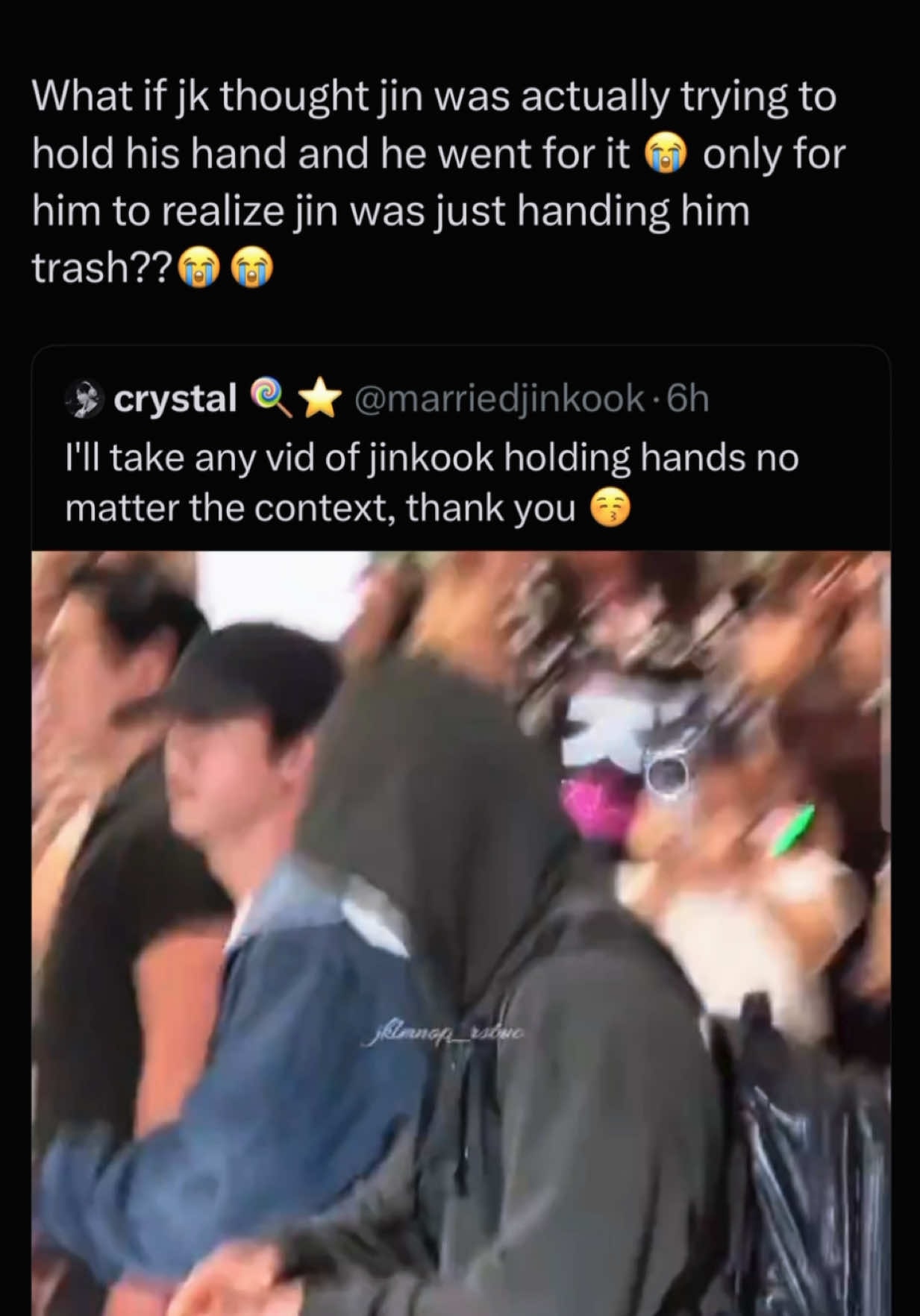 Jin picking up trash for Jungkook