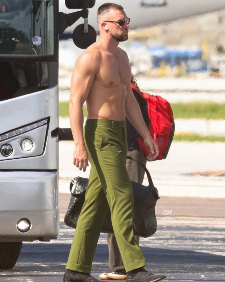 Travis Kelce shirtless in green pants