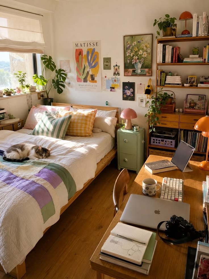 Cozy bedroom with sleeping cat and Matisse poster