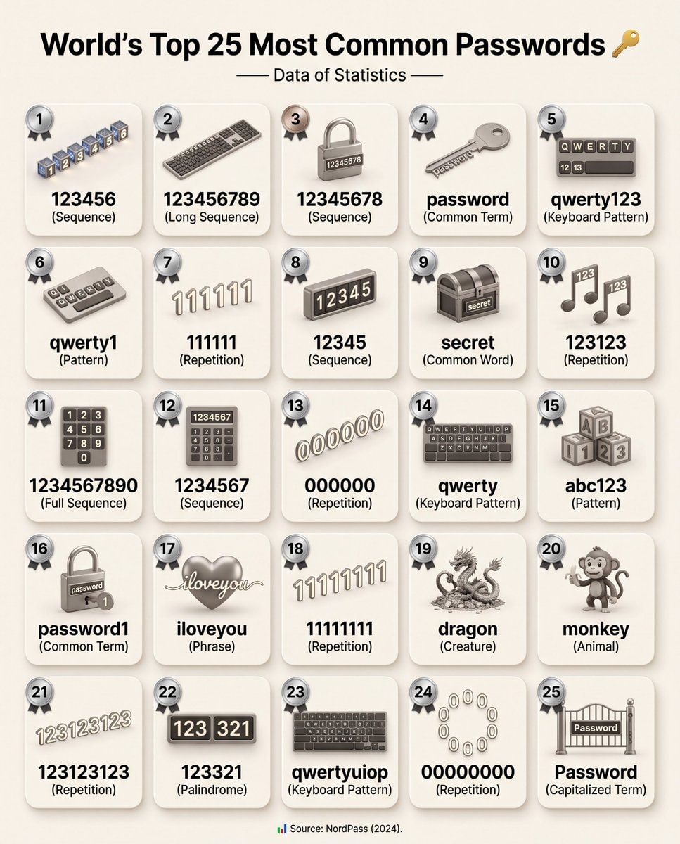 World's Top 25 Most Common Passwords 2024