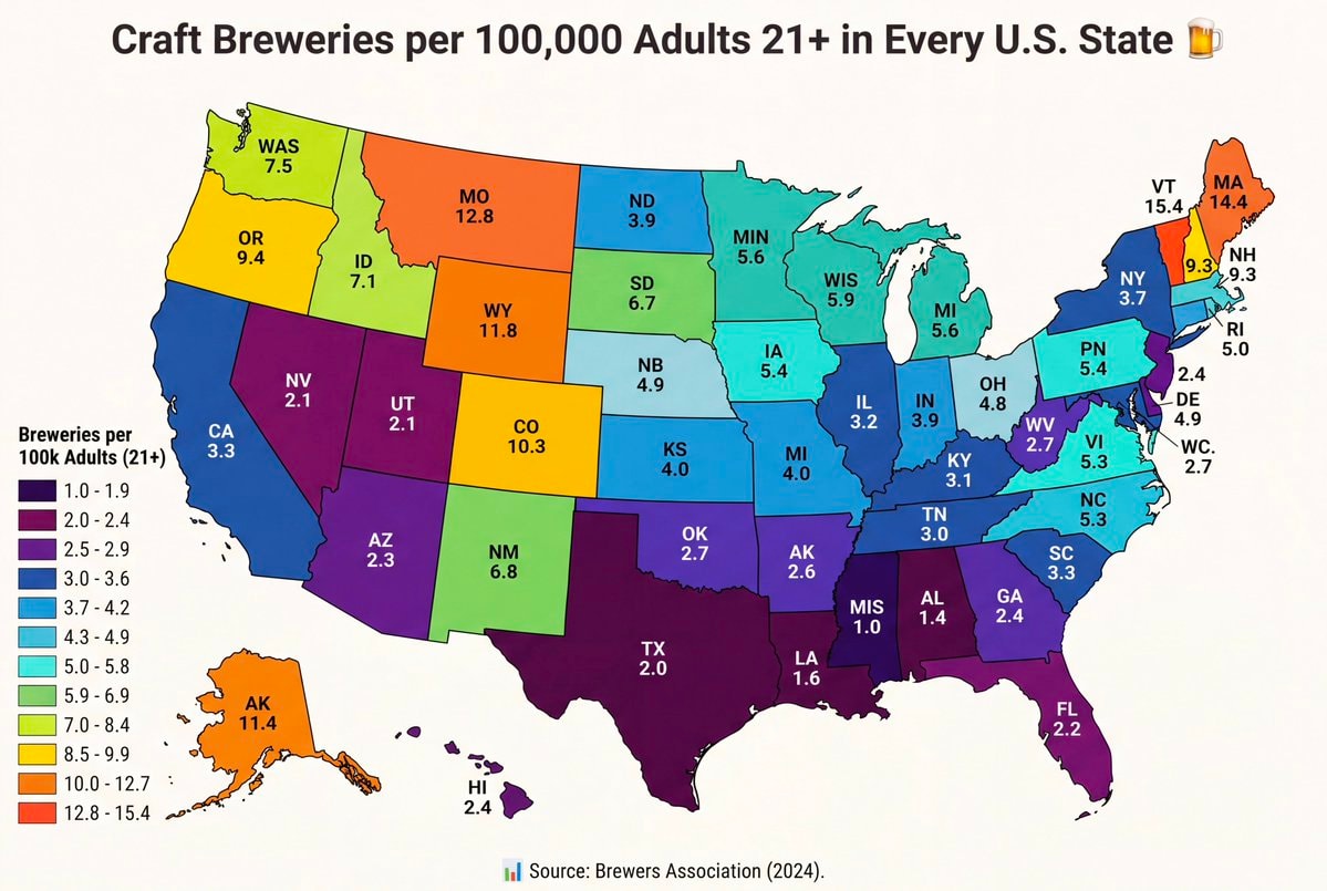 Craft breweries per 100,000 adults by state