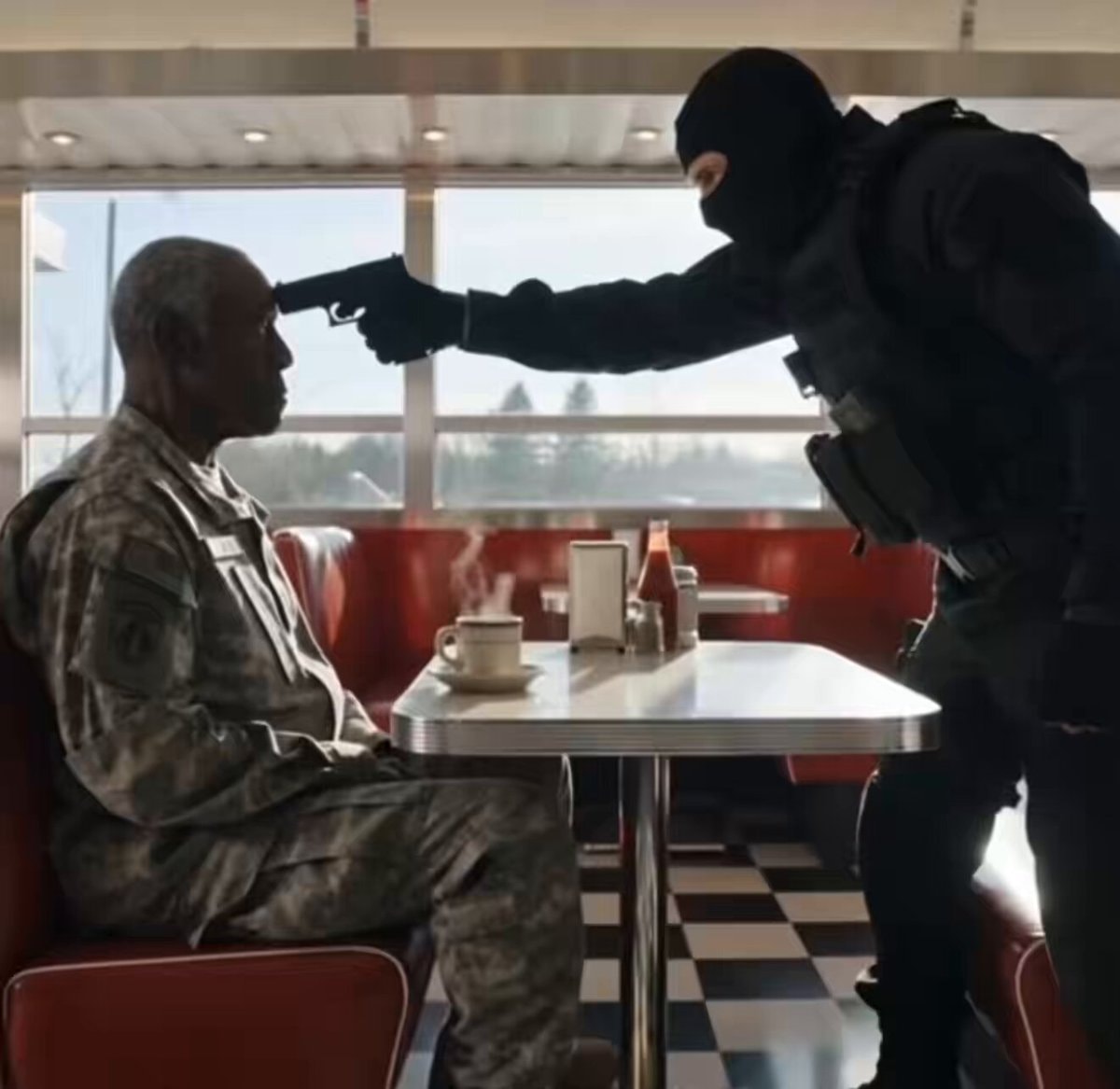 AI video of soldier and masked assailant