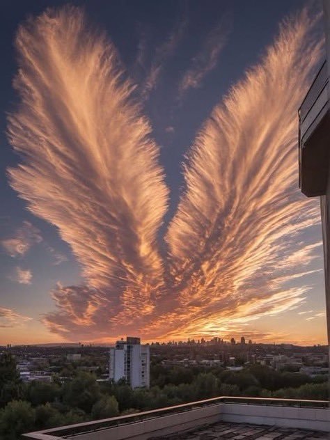 Angel wing clouds over city at sunset (photo 2 of 2)
