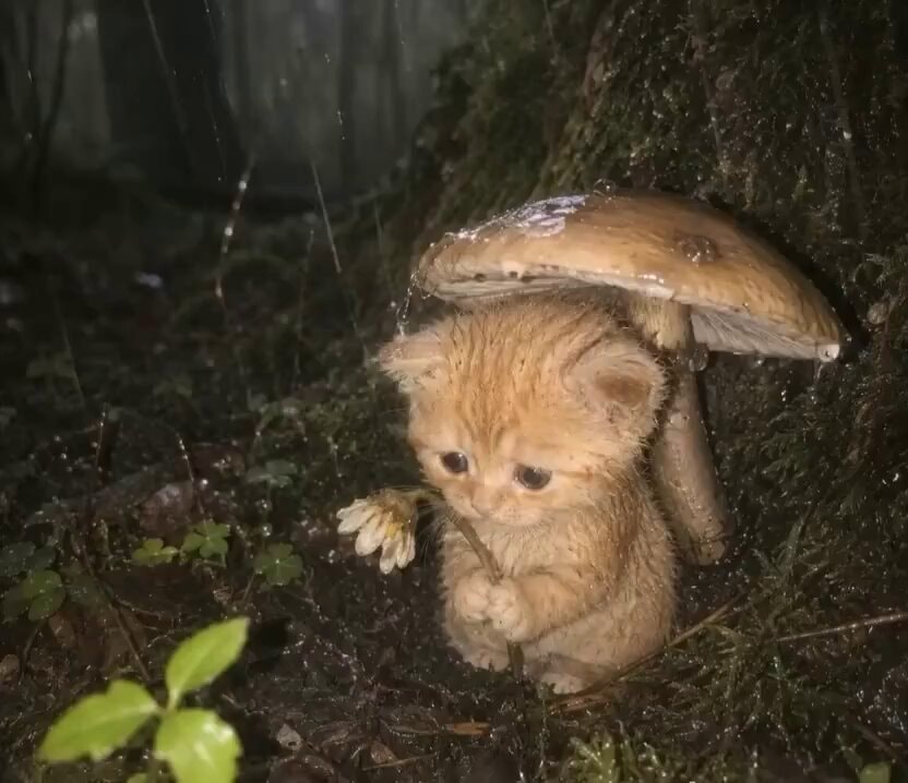Orange kitten under mushroom