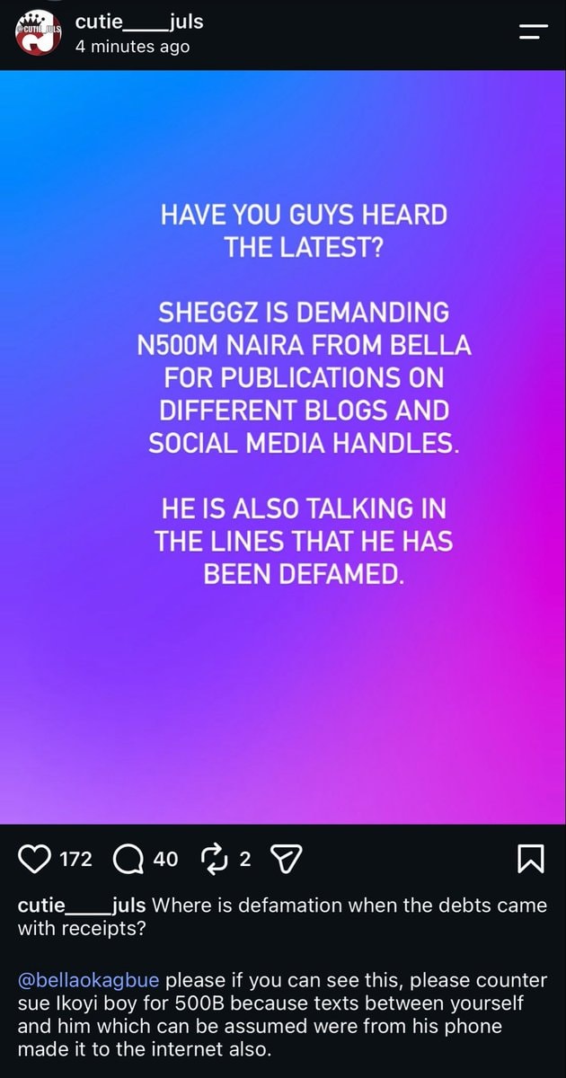 Cutie Juls Bella Sheggz defamation dispute (photo 1 of 2)