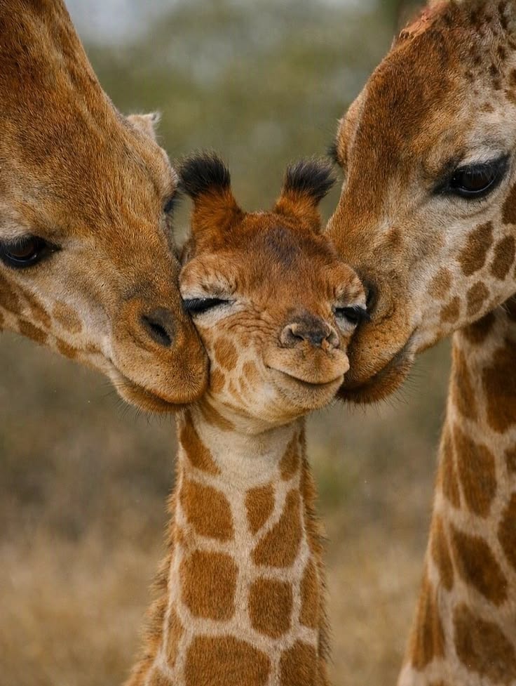 Baby giraffe nuzzled by adult giraffes Baby giraffe nuzzled by adult giraffes