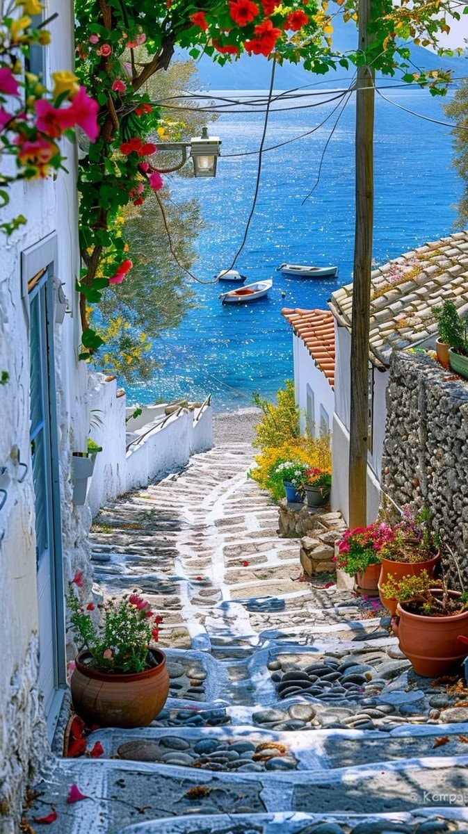 Greece cobblestone path to the sea