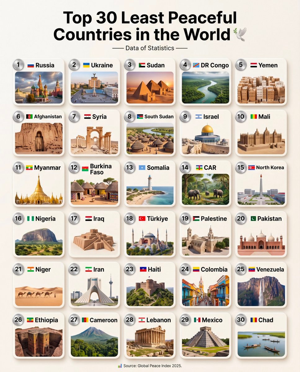 Top 30 Least Peaceful Countries ๐๏ธ Top 30 Least Peaceful Countries ๐๏ธ