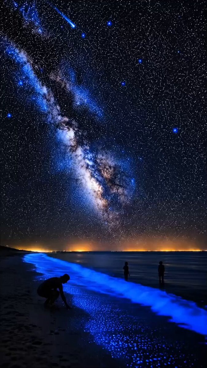 Bioluminescent waves under the Milky Way