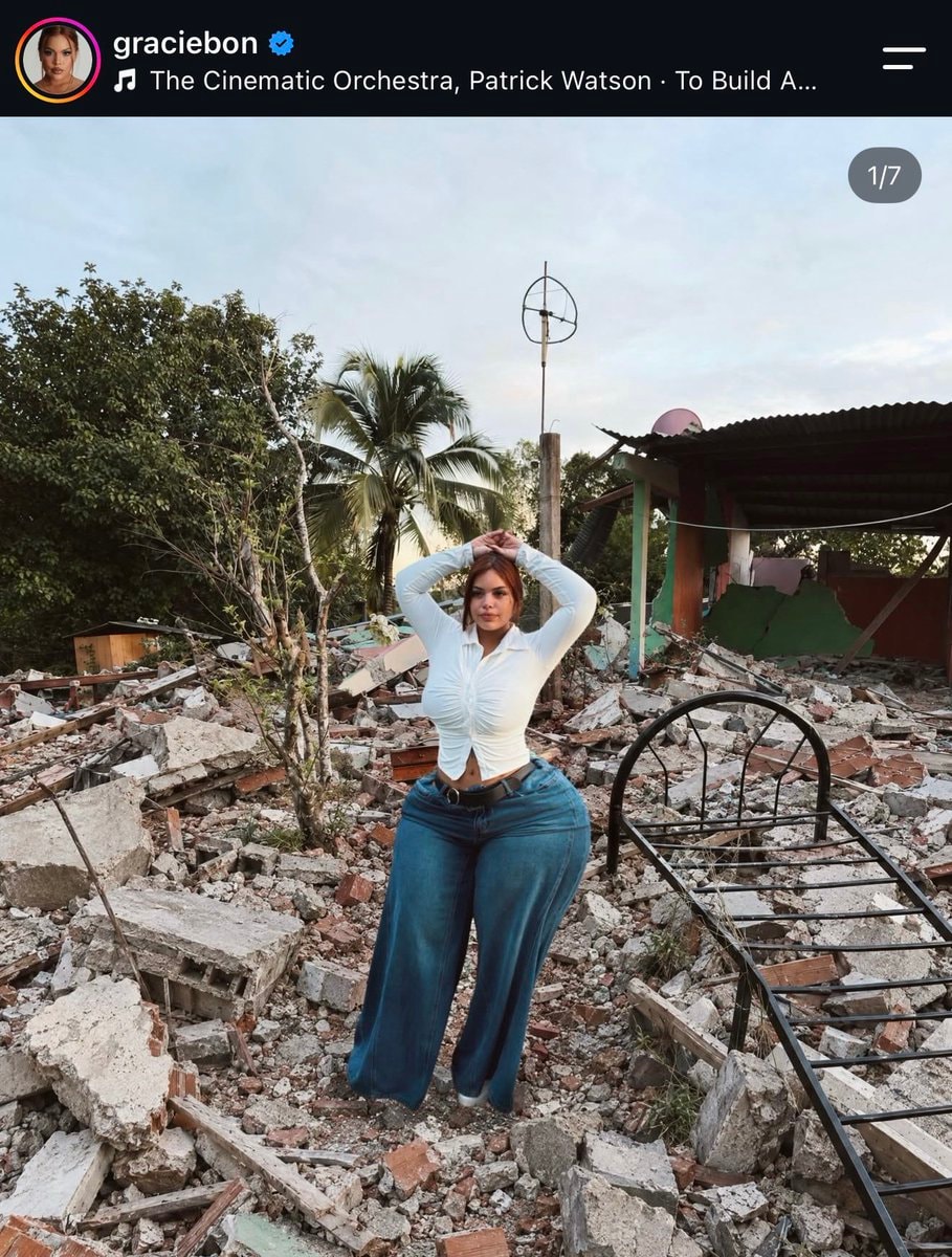 Gracie Bon poses on Panama rubble