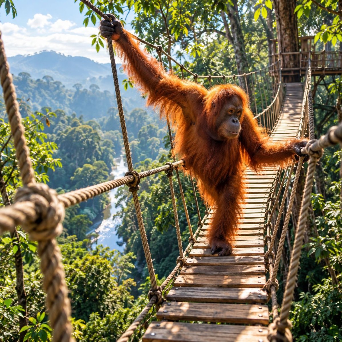 Orangutan crossing a suspended bridge