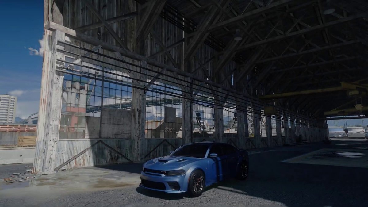 Blue Dodge Charger in warehouse