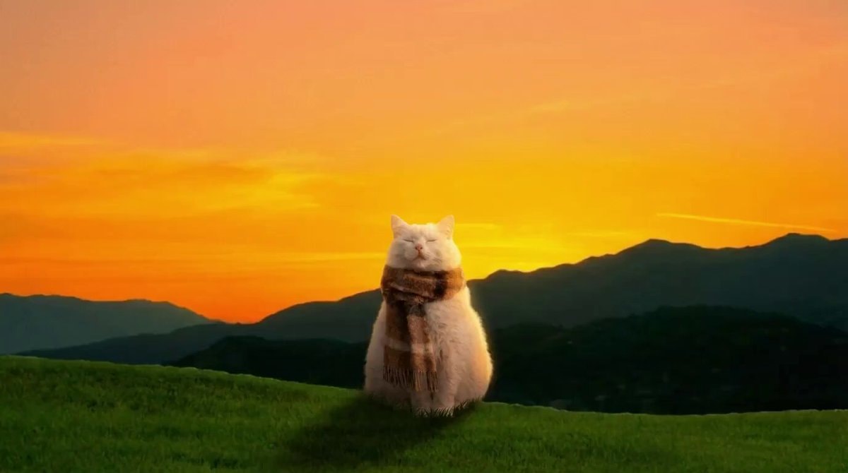 white cat meditating with plaid scarf