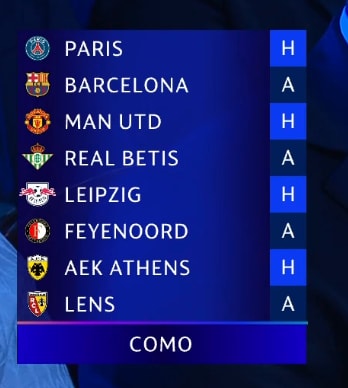 Como Champions League draw