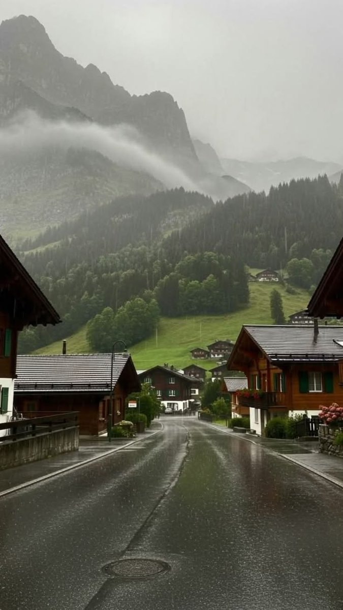 Rainy Swiss mountain village