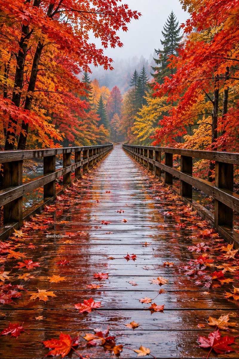 autumn bridge with misty forest