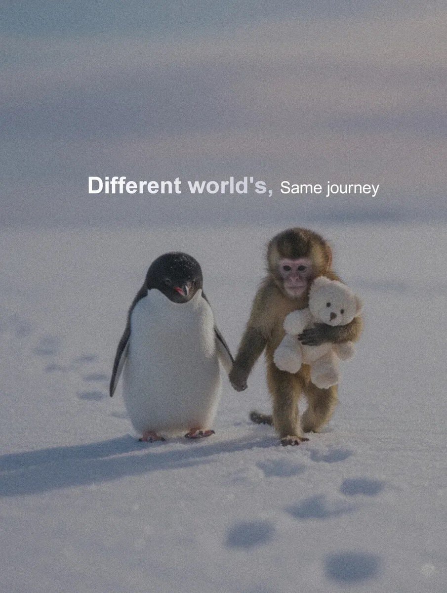 Penguin and Baby Monkey Holding Hands