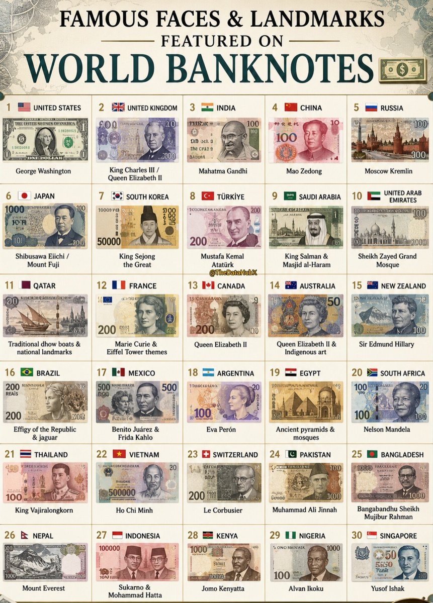 Famous faces and landmarks on world banknotes