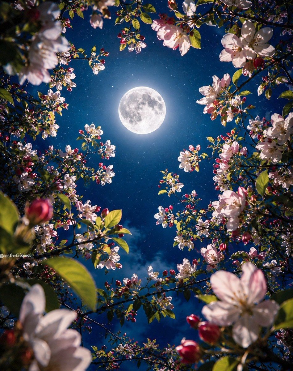 full moon with pink and white blossoms