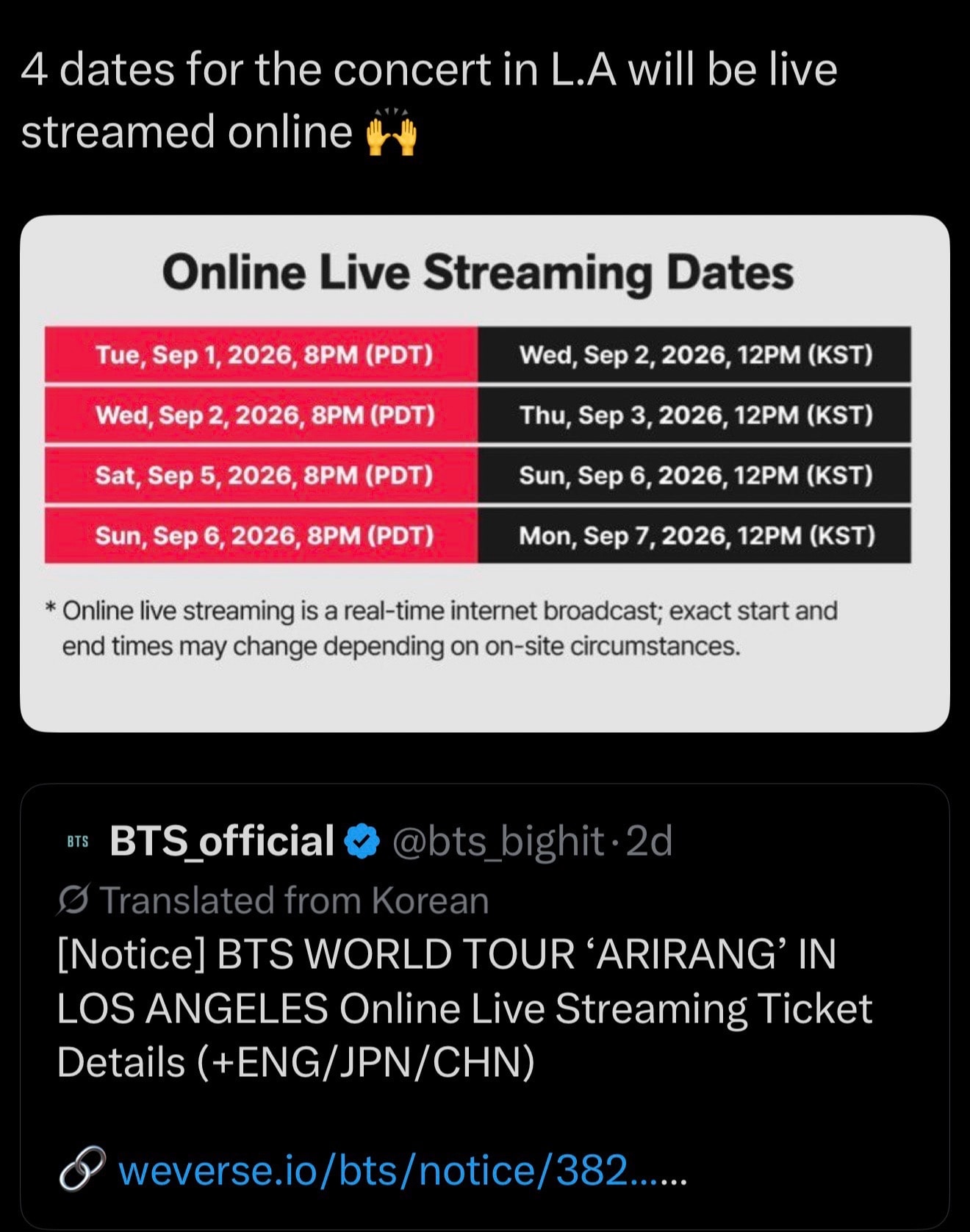 Arirang tour concert LA live stream dates