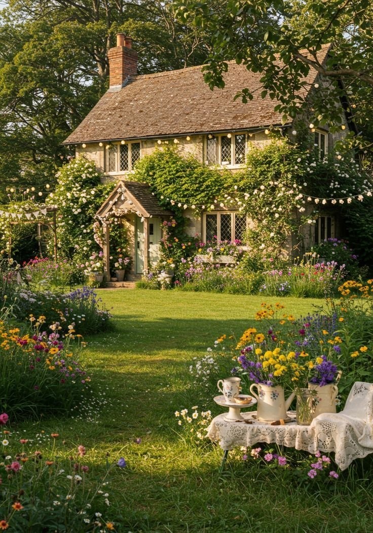 Stone cottage with pink roses in the countryside (photo 2 of 2)