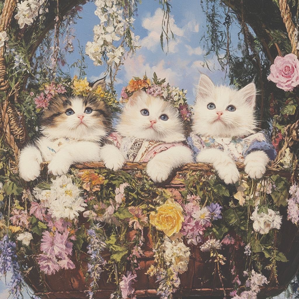 White cats wearing hats in garden (photo 2 of 2)