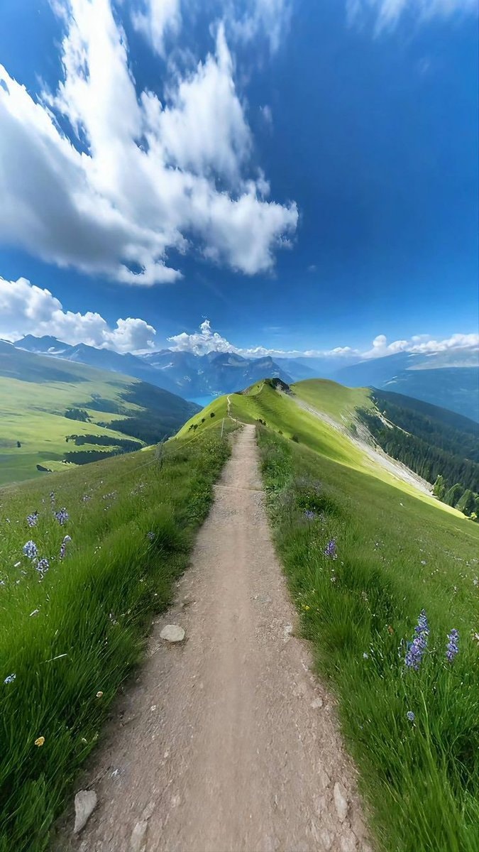 Mountain hiking trail wildflowers view