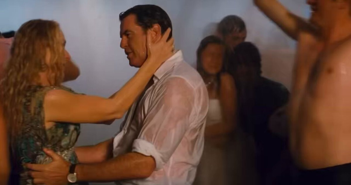 Mamma Mia! unscripted Pierce Brosnan shirt moment