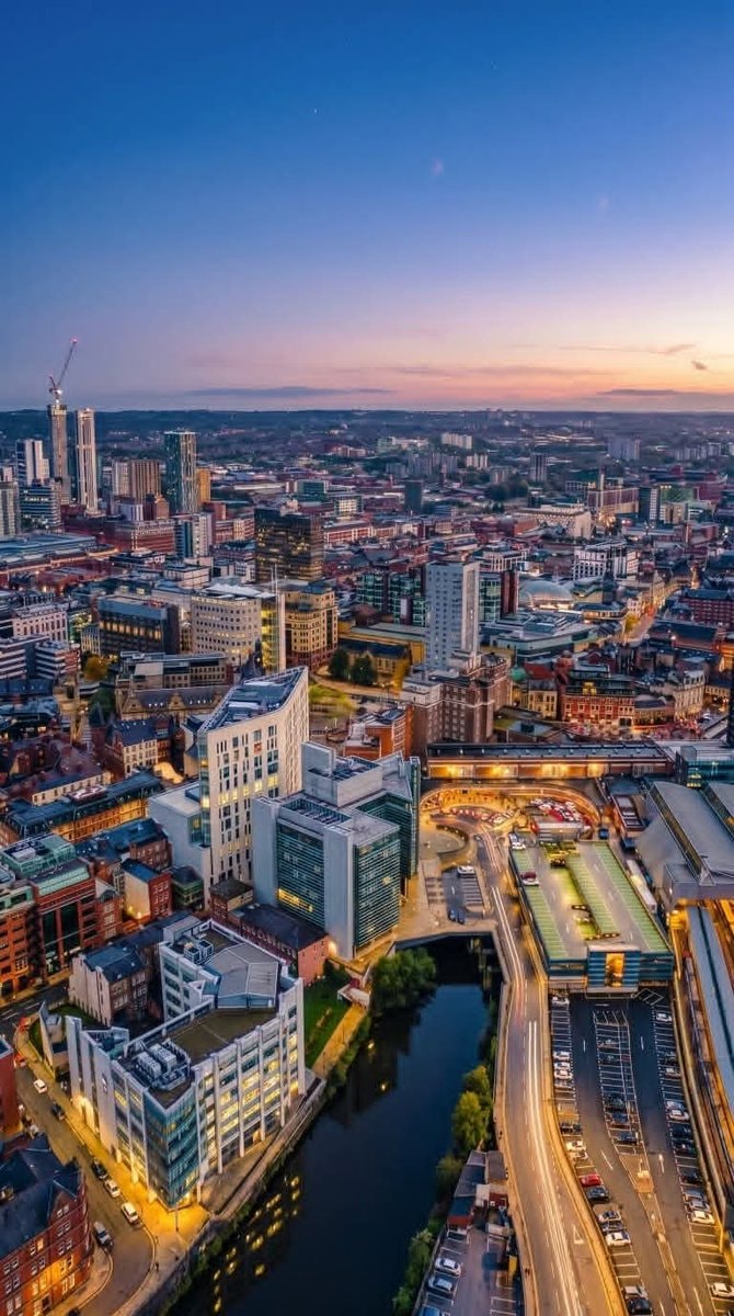 Leeds England skyline dusk