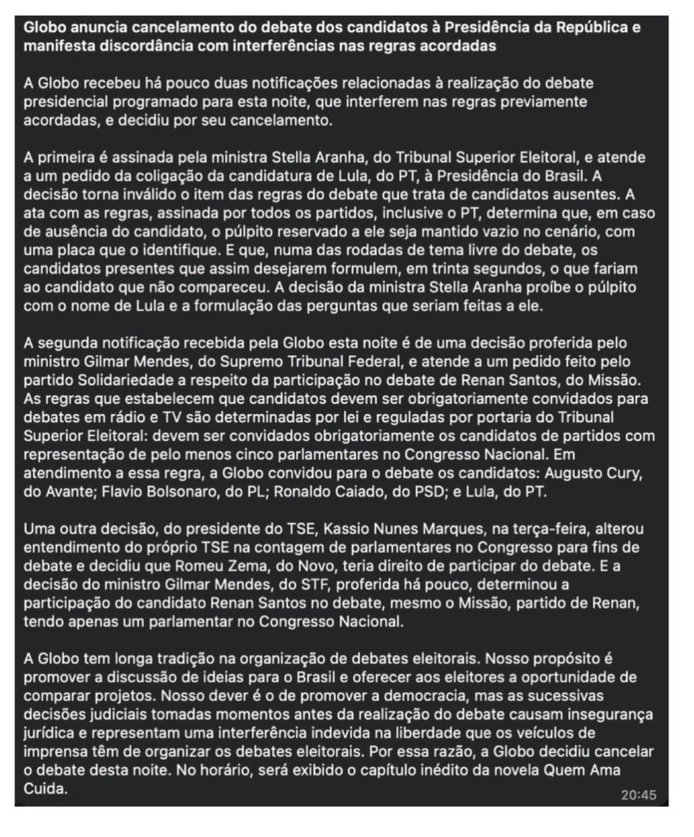 TV Globo cancels presidential debate TV Globo cancels presidential debate