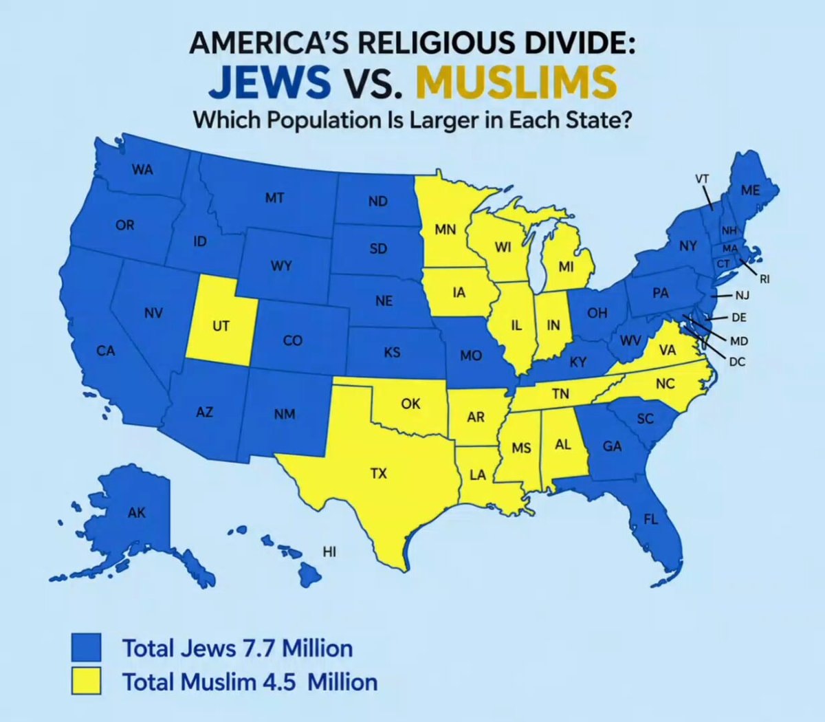 Jews vs Muslims US population map Jews vs Muslims US population map
