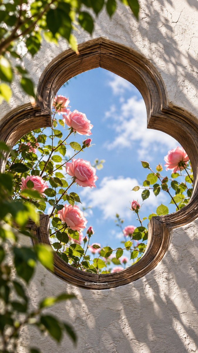 pink roses through window frame