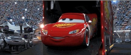 Lightning McQueen exiting trailer