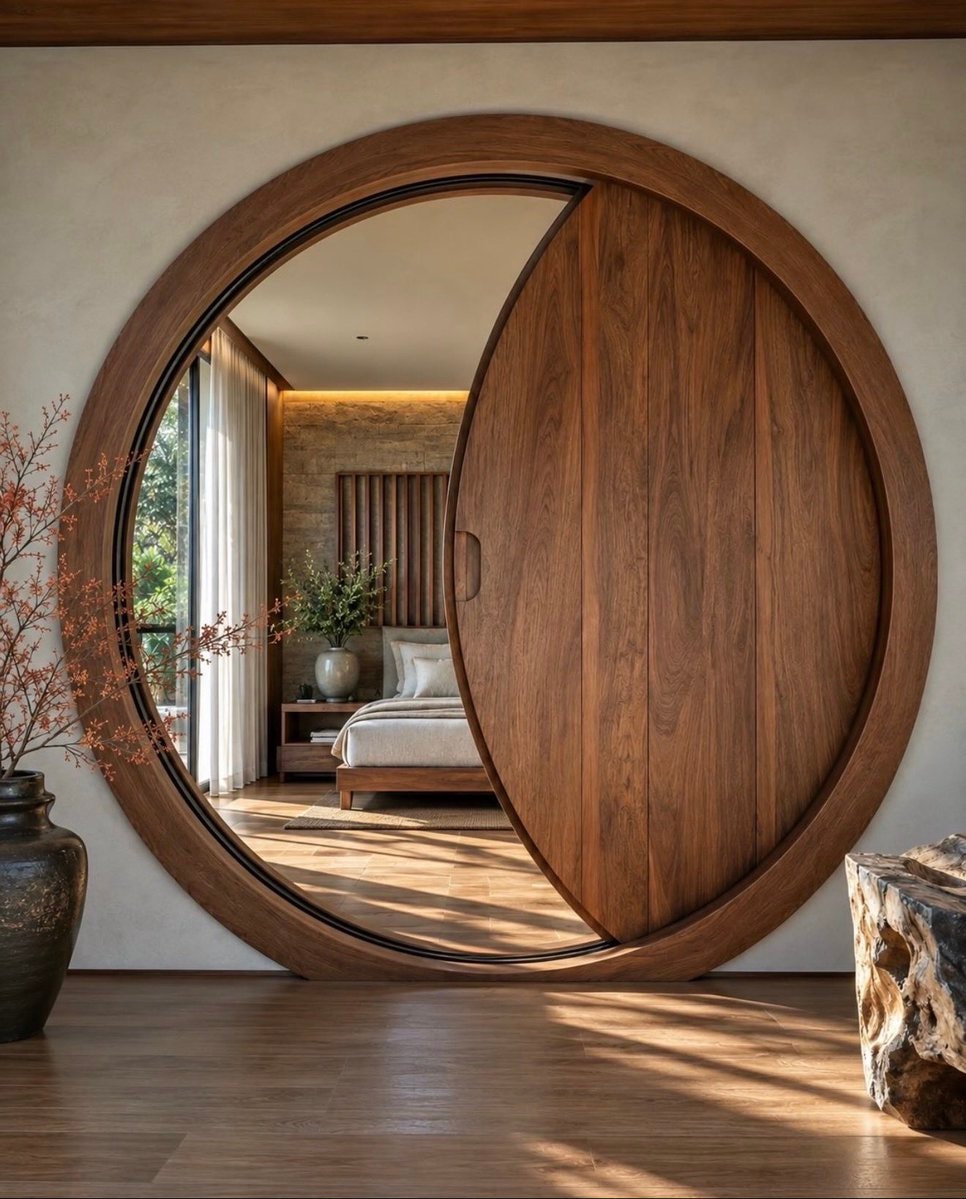 Circular wooden sliding bedroom door