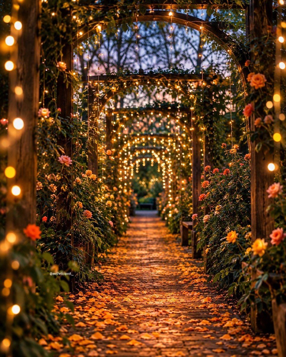 autumn pathway with rose bushes