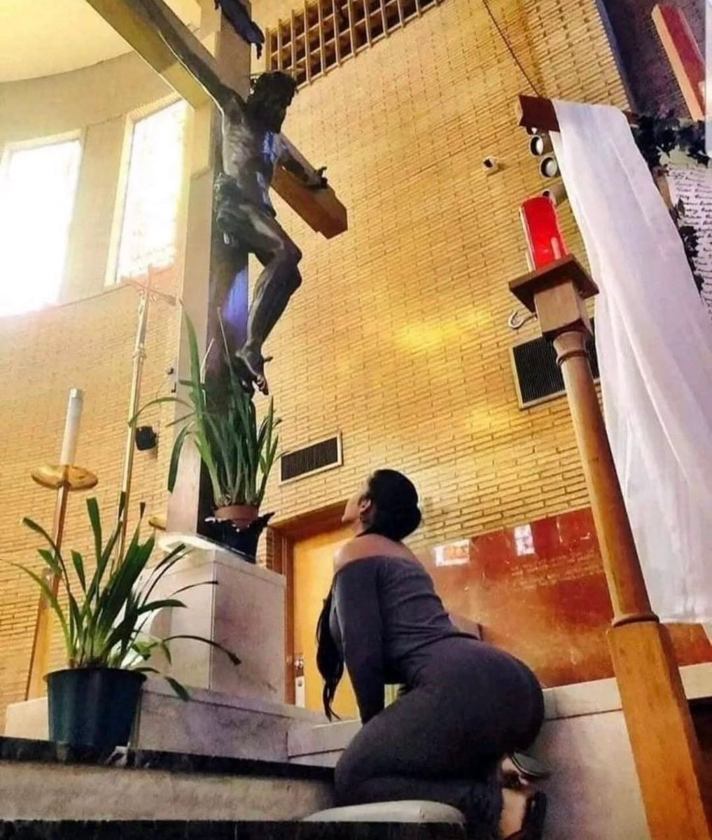 church girl moment with Jesus statue