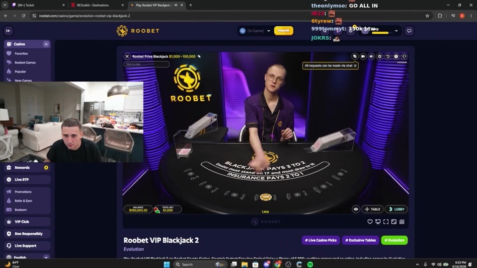Lacy loses $1,000 on Roobet BJ